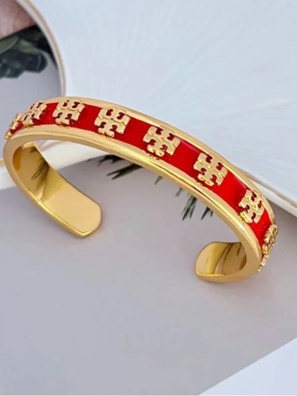 Tory Burch Enamel Raised Logo Stacked T Cuff Bangle Bracelet; Red/Gold -Size 6.5